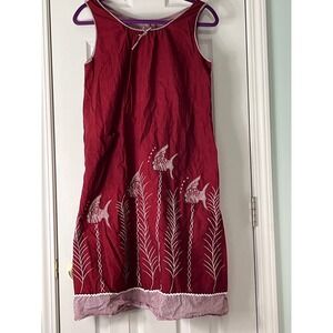 Woman's Burgundy Red Embroidered Fish Sleeveless Shift Dress Side Pocket L